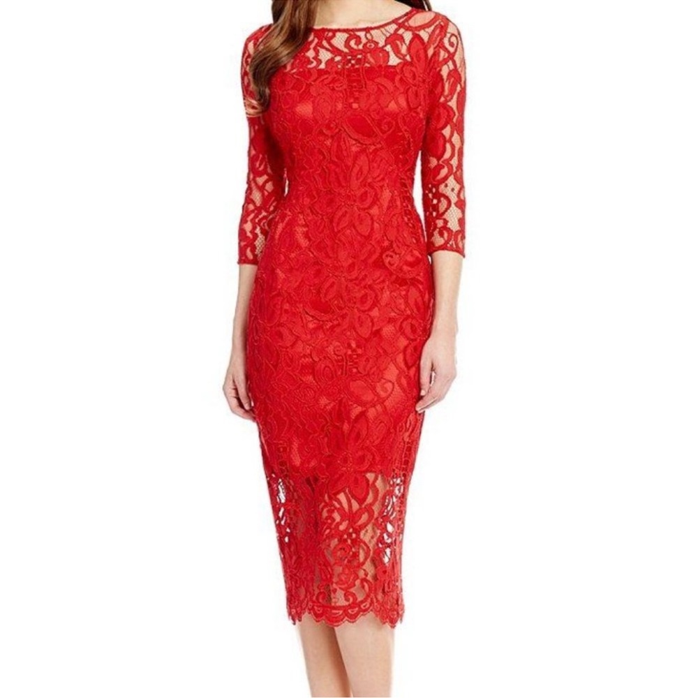 Antonio Melani Lace Midi Dress Womens 14 Red Floral Half Sleeve